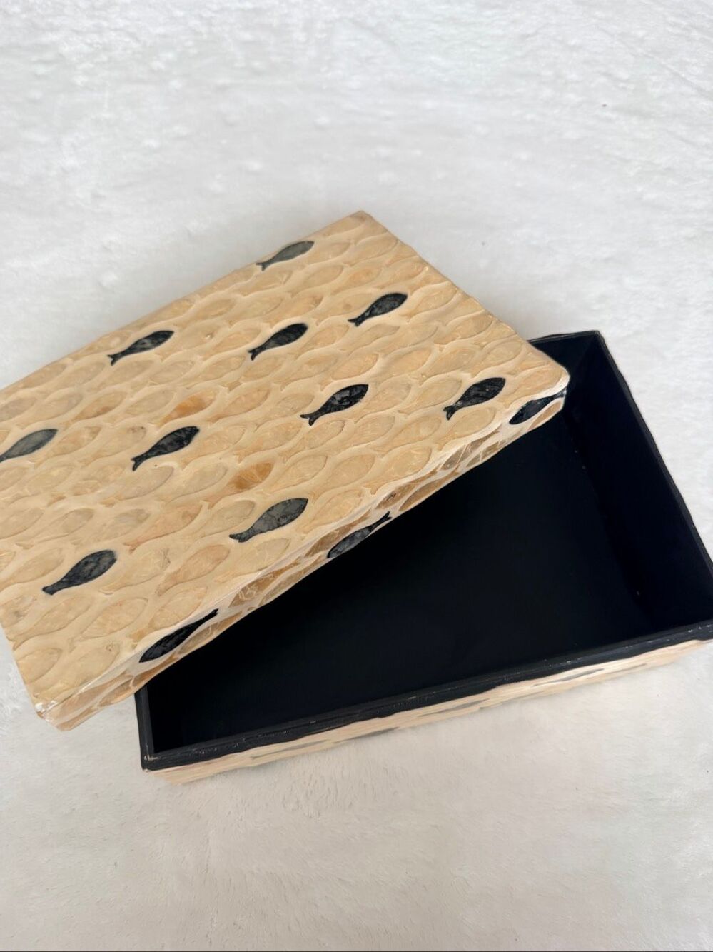 Decorative Fish Pattern Inlay Keepsake Box with Black Interior